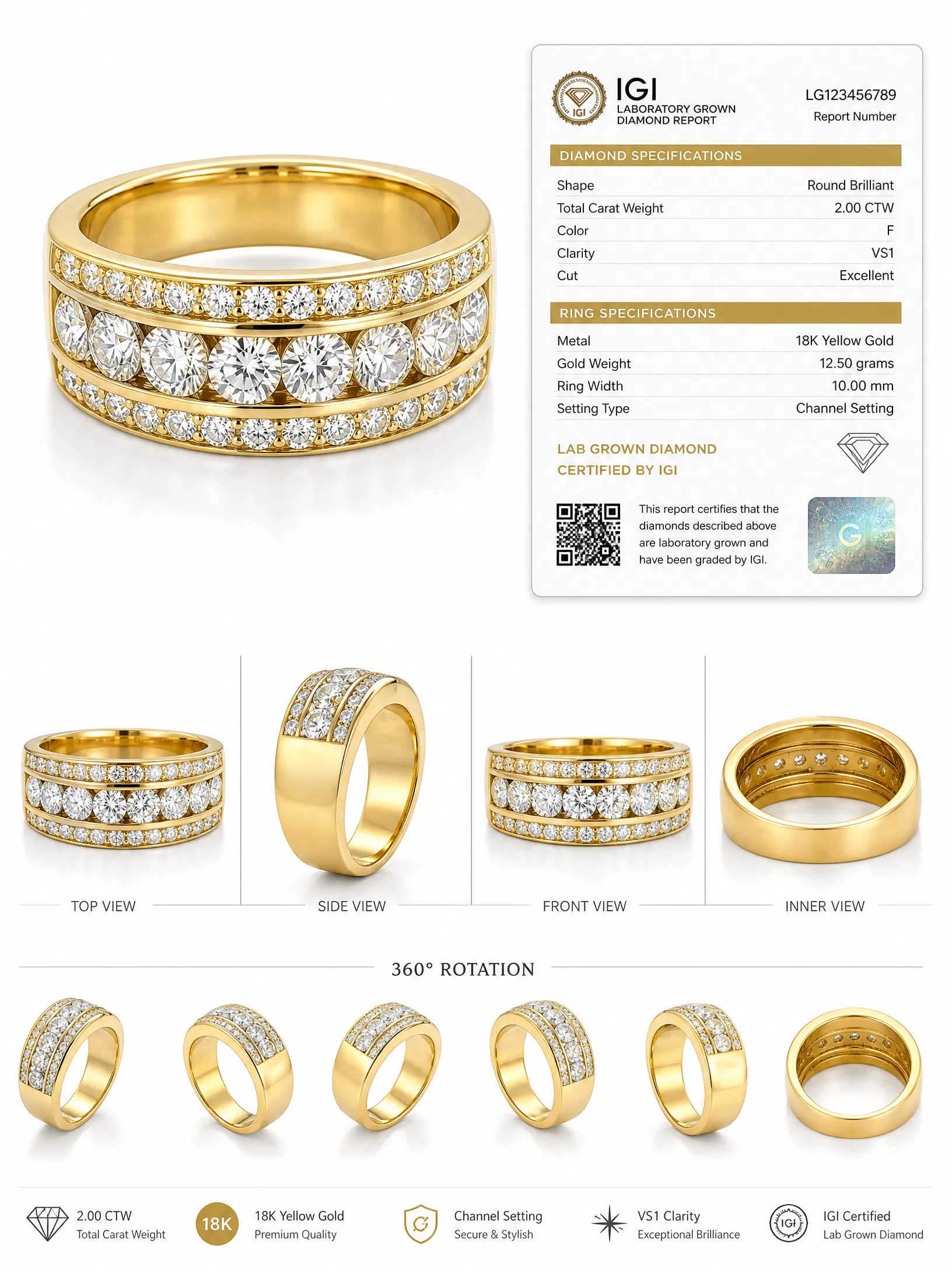 Men's 2Ct Diamond Ring, Channel Set, Gold, Lab Grown