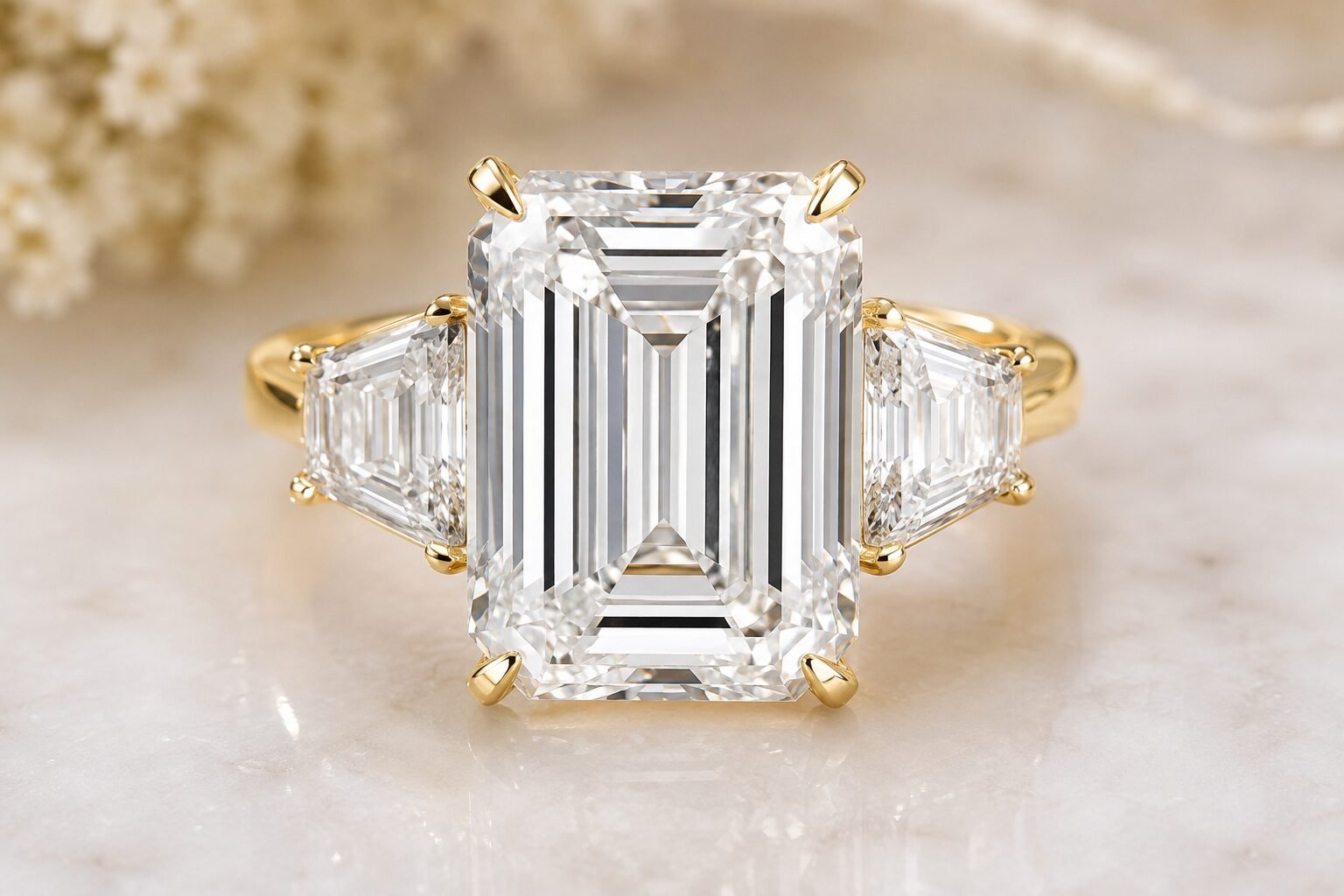 Certified 11.90Ct Emerald Diamond & Trapezoid Engagement Ring, Lab Grown 14k Gold