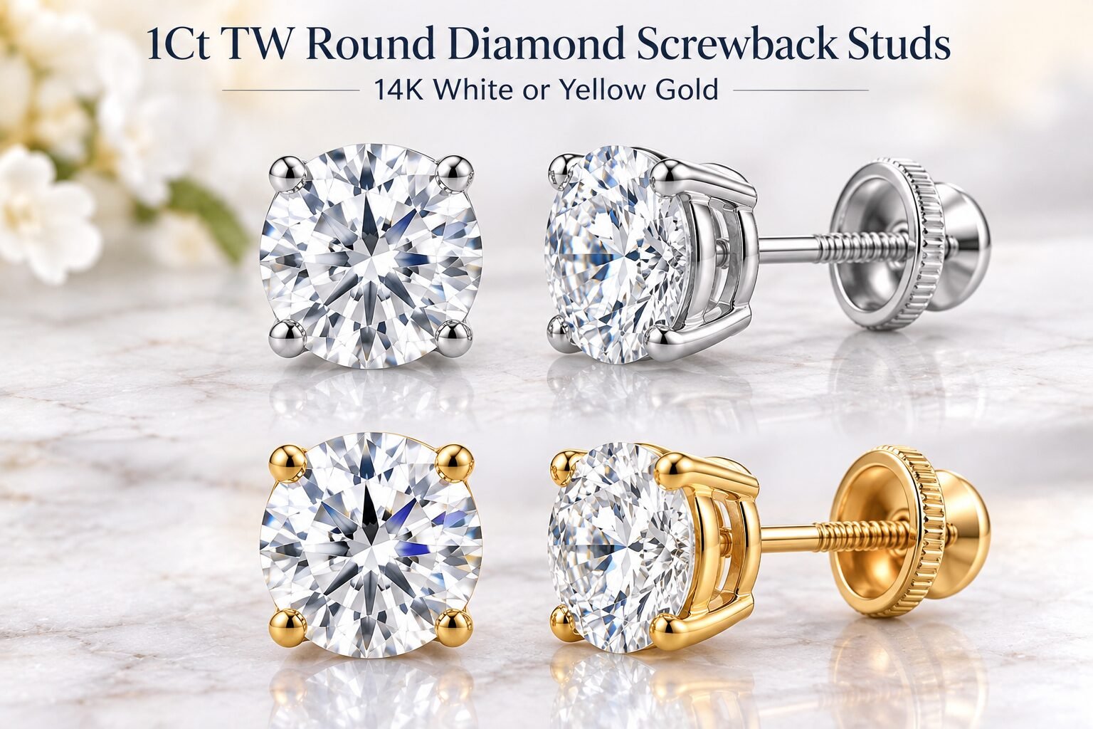 1Ct TW Round 14K White or Yellow Gold Diamond Screwback Studs