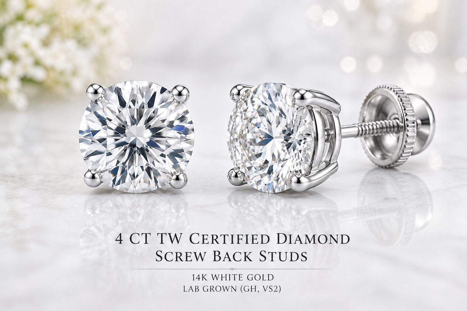 4 Ct TW Certified Diamond Screw Back Studs, 14k White Gold, Lab Grown (GH, VS2)