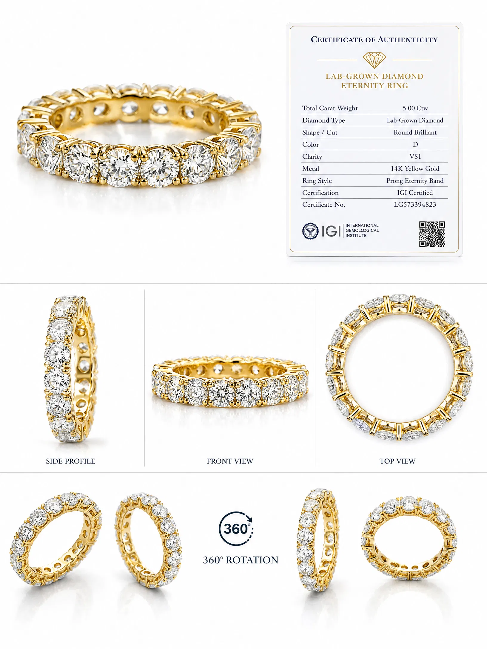 5Ct Diamond Prong Eternity Ring, 14k Gold, Lab Grown Women's Anniversary Band