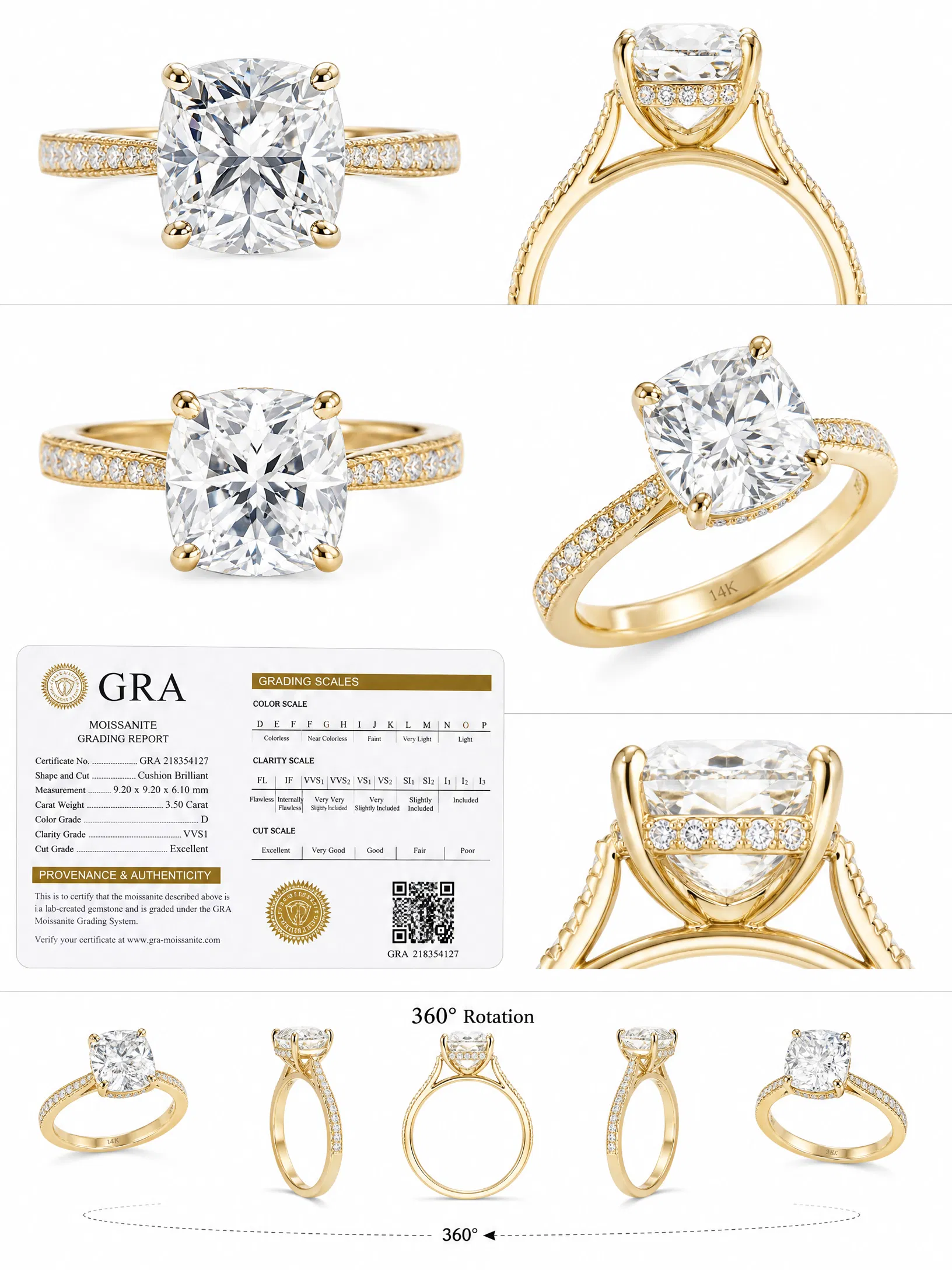 Certified 3 1/2Ct Cushion Hidden Halo Diamond Engagement Ring, 14k Gold, Lab Grown