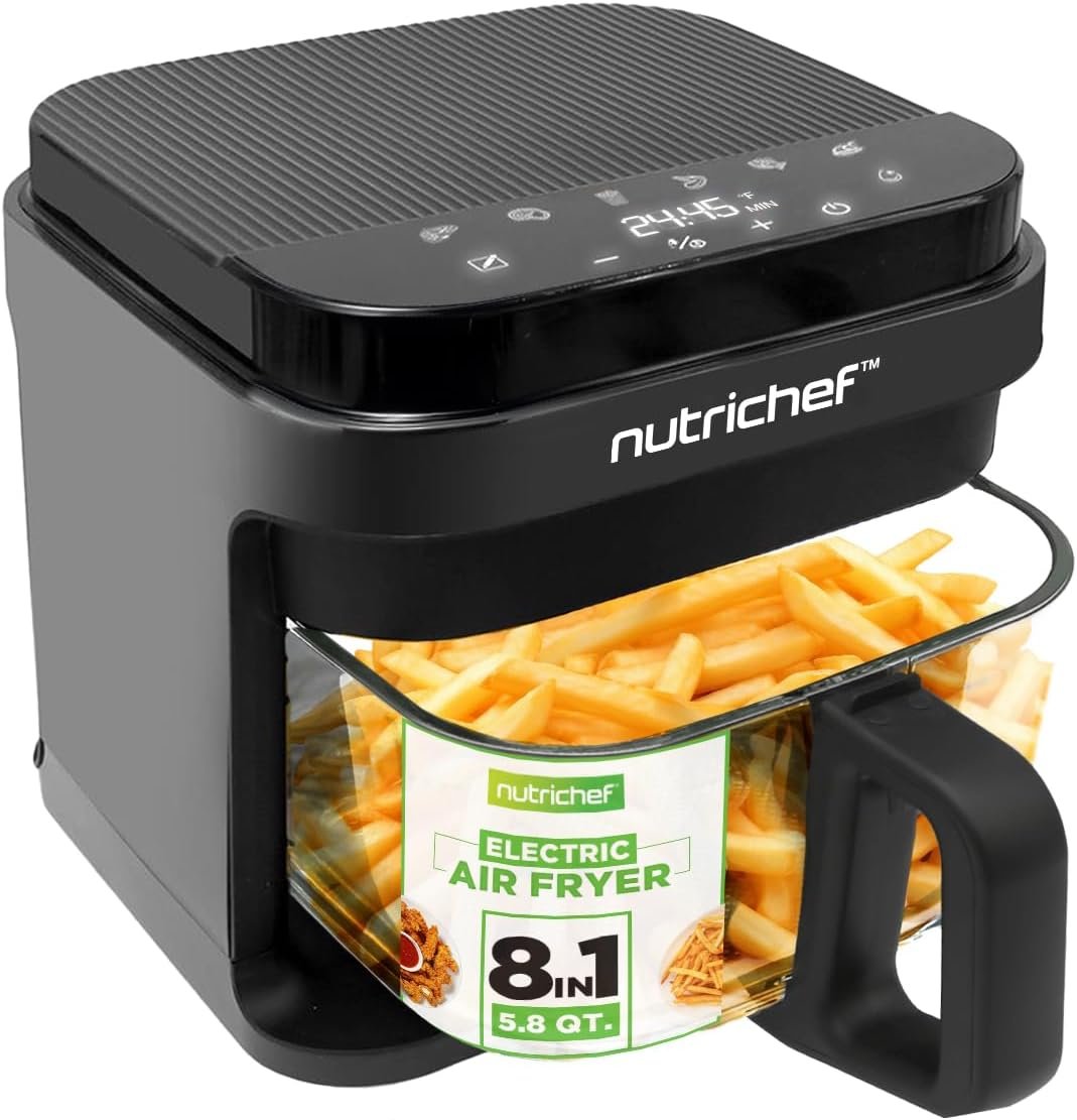 Nutrichef 5.8 Quart Air Fryer with Transparent Fry Bowl
