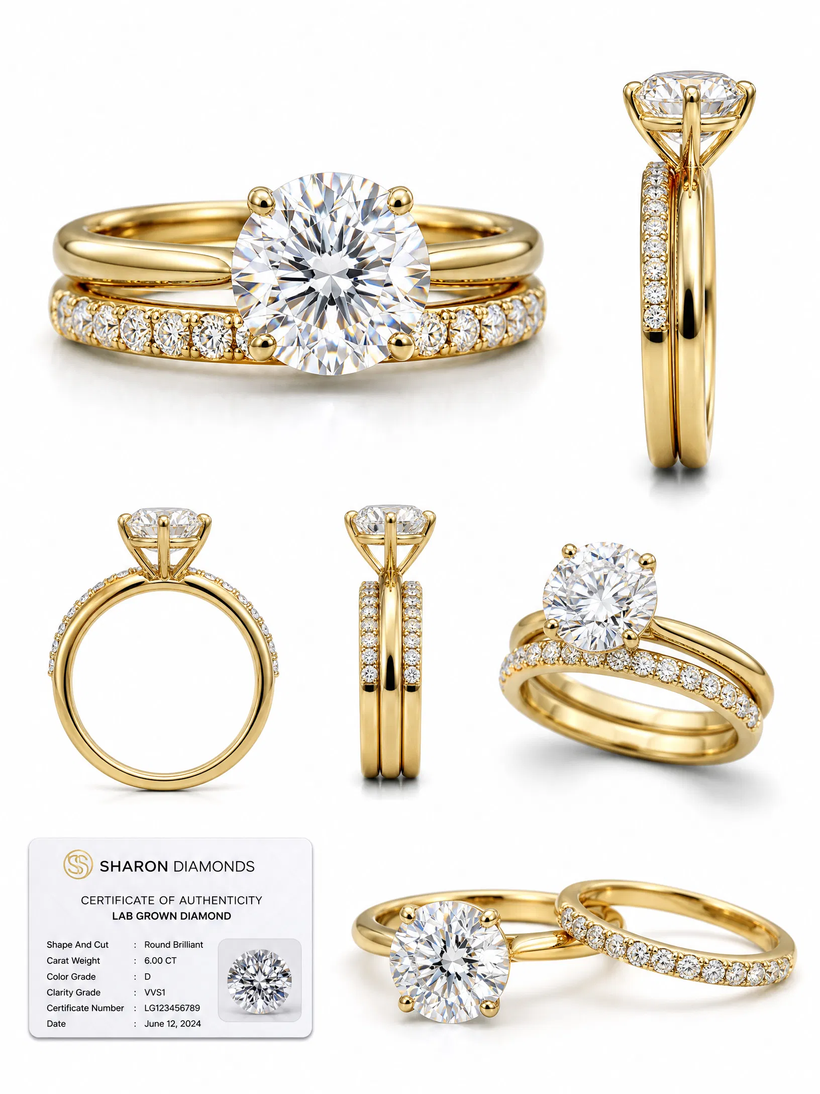 Certified 6Ct Sharon Diamond Engagement & Wedding Ring Set, Lab Grown Gold