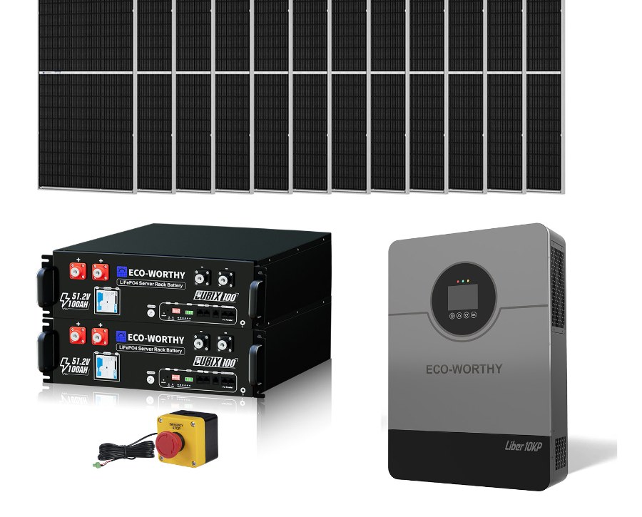 ECO-WORTHY off-grid solar kit with solar panels, two rack batteries and an inverter