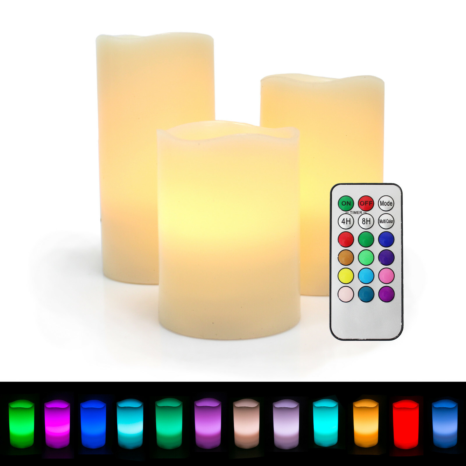 Set of three color-changing flameless LED candles with remote