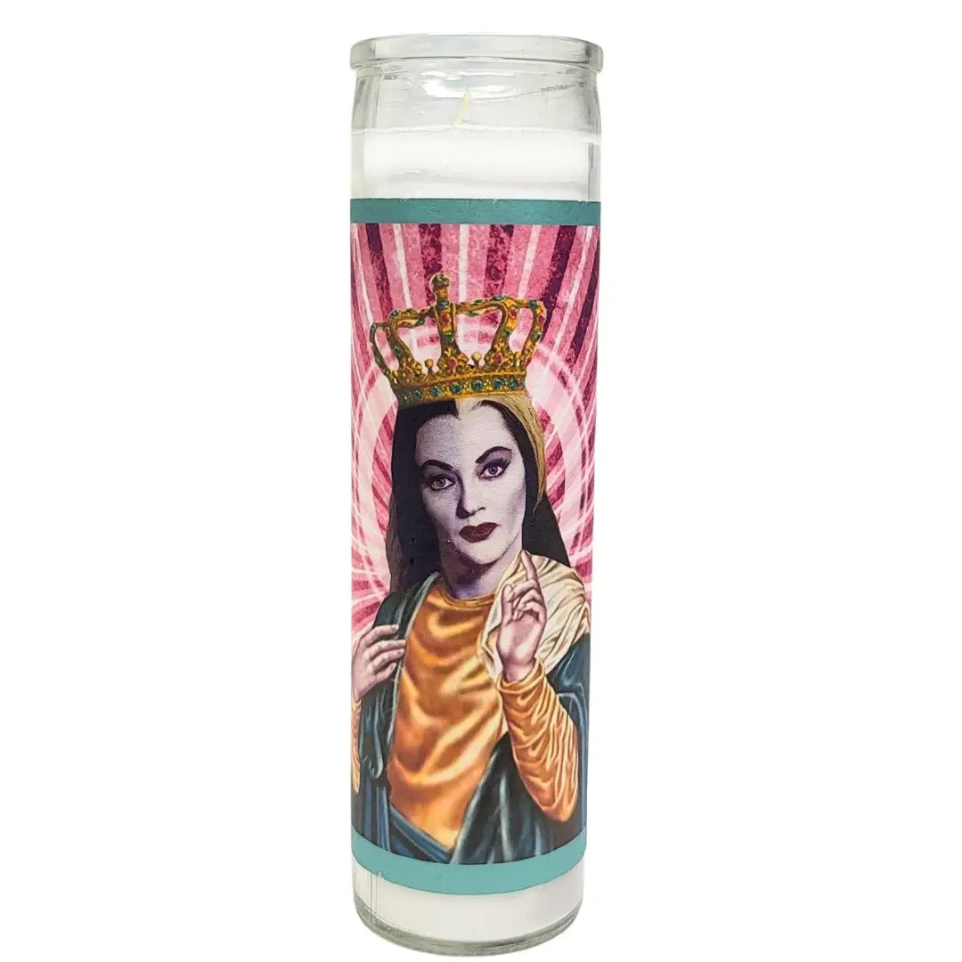 Lily Munster prayer candle in a glass jar