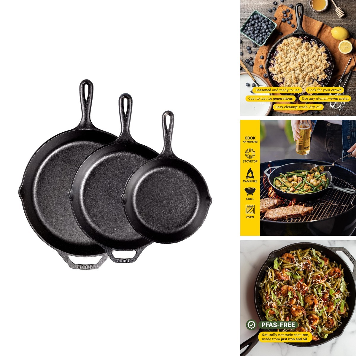 Lodge pre-seasoned cast iron skillet set in three sizes